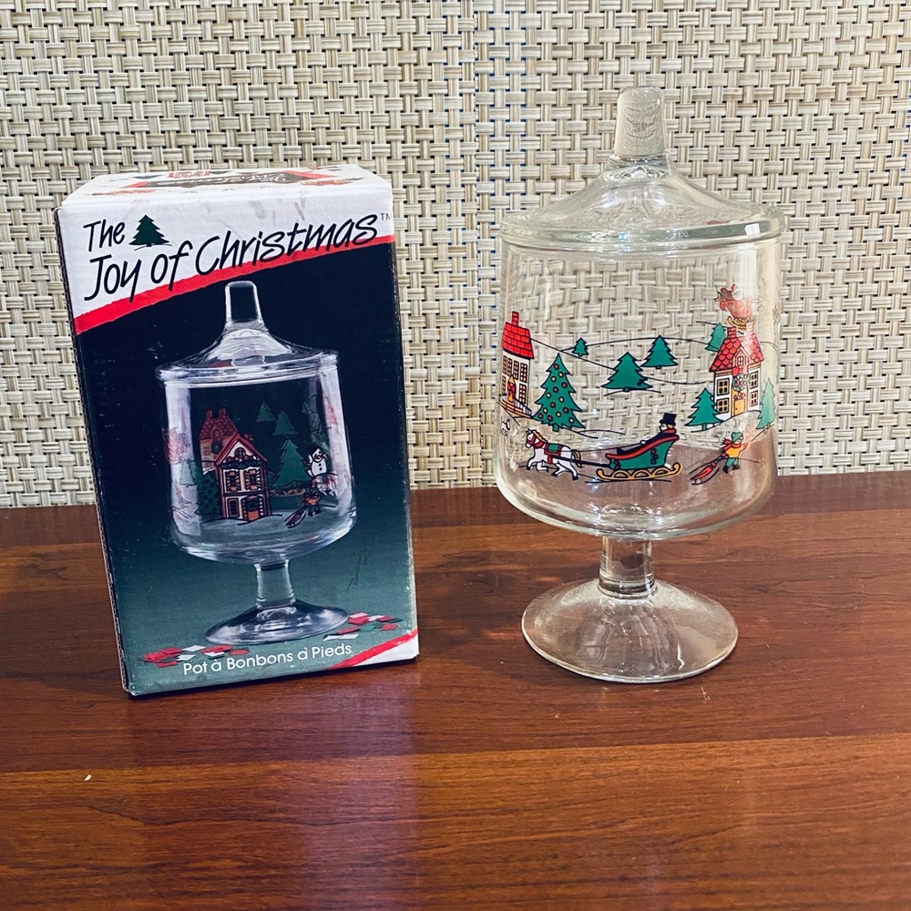 🌟HP🌟🎄VTG 1980s NIB Glass Pedestal Candy Jar The Joy Of Christmas Made in USA